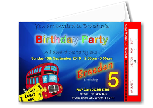 Personalised Party Bus Birthday party invitations REF B64 Any age can be done