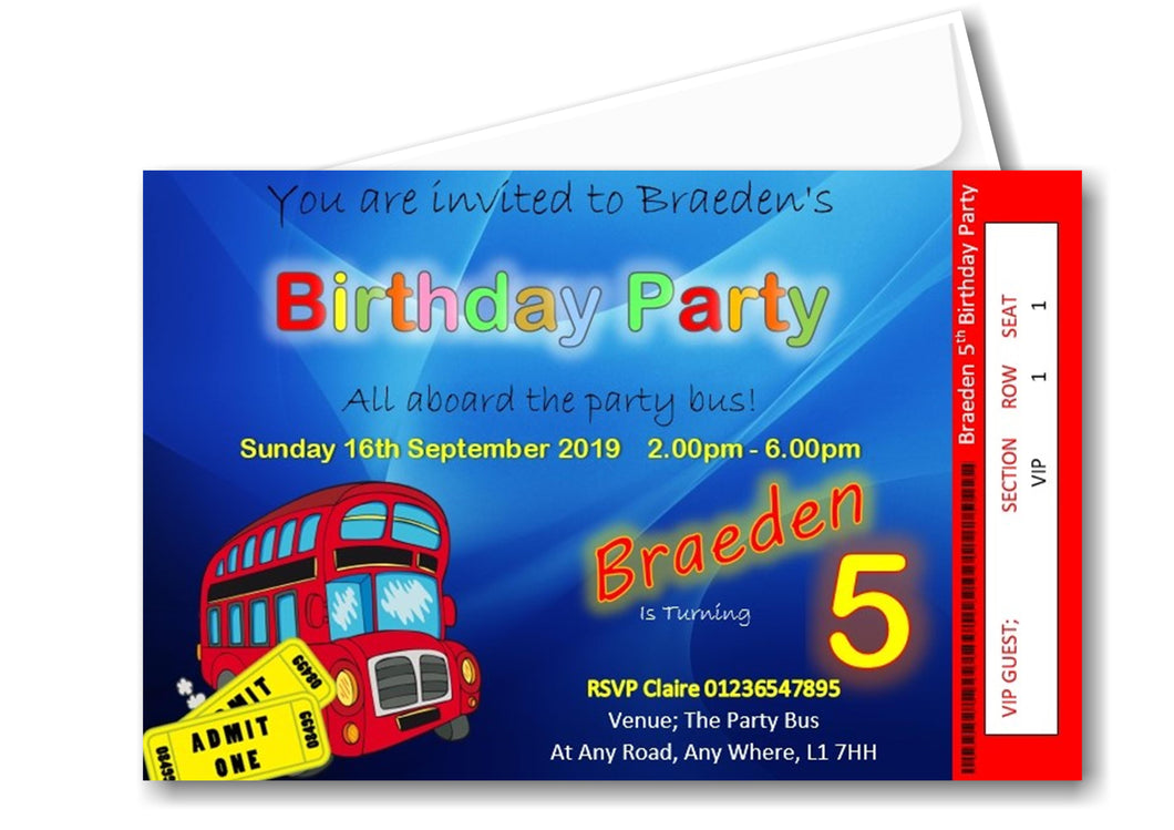 Personalised Party Bus Birthday party invitations REF B64 Any age can be done