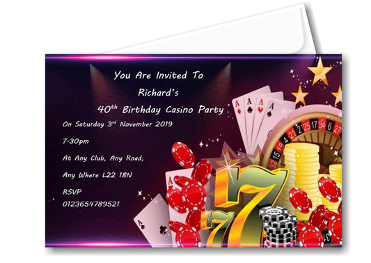Casino birthday party invitation REF B65 can be made for any age surprise can be added