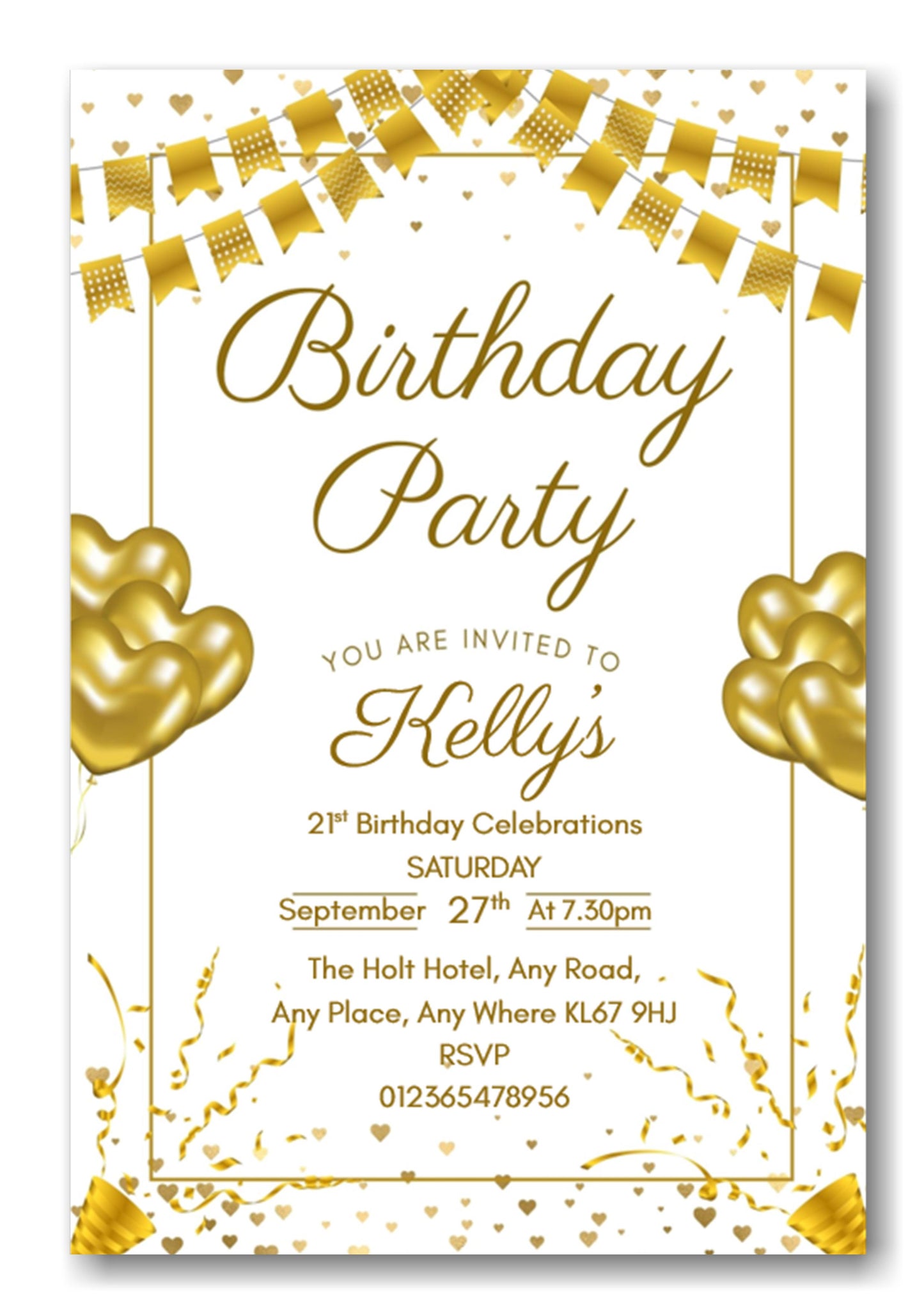 Gold & white party themed birthday party / celebration invitation REF B77 can be made for any age