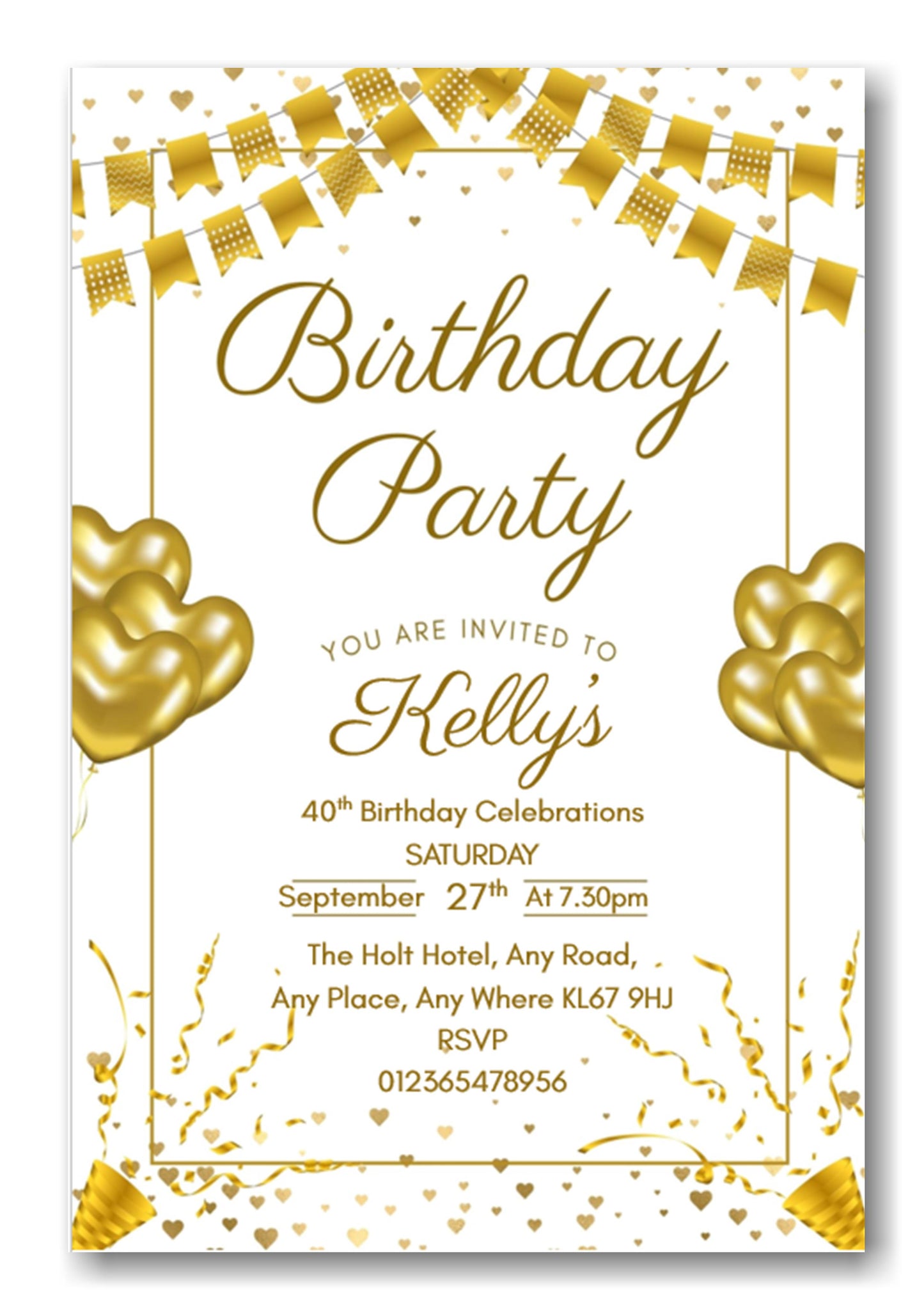 Gold & white party themed birthday party / celebration invitation REF B77 can be made for any age