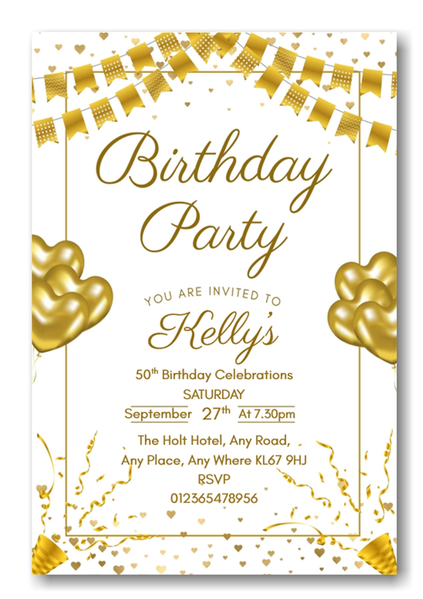 Gold & white party themed birthday party / celebration invitation REF B77 can be made for any age