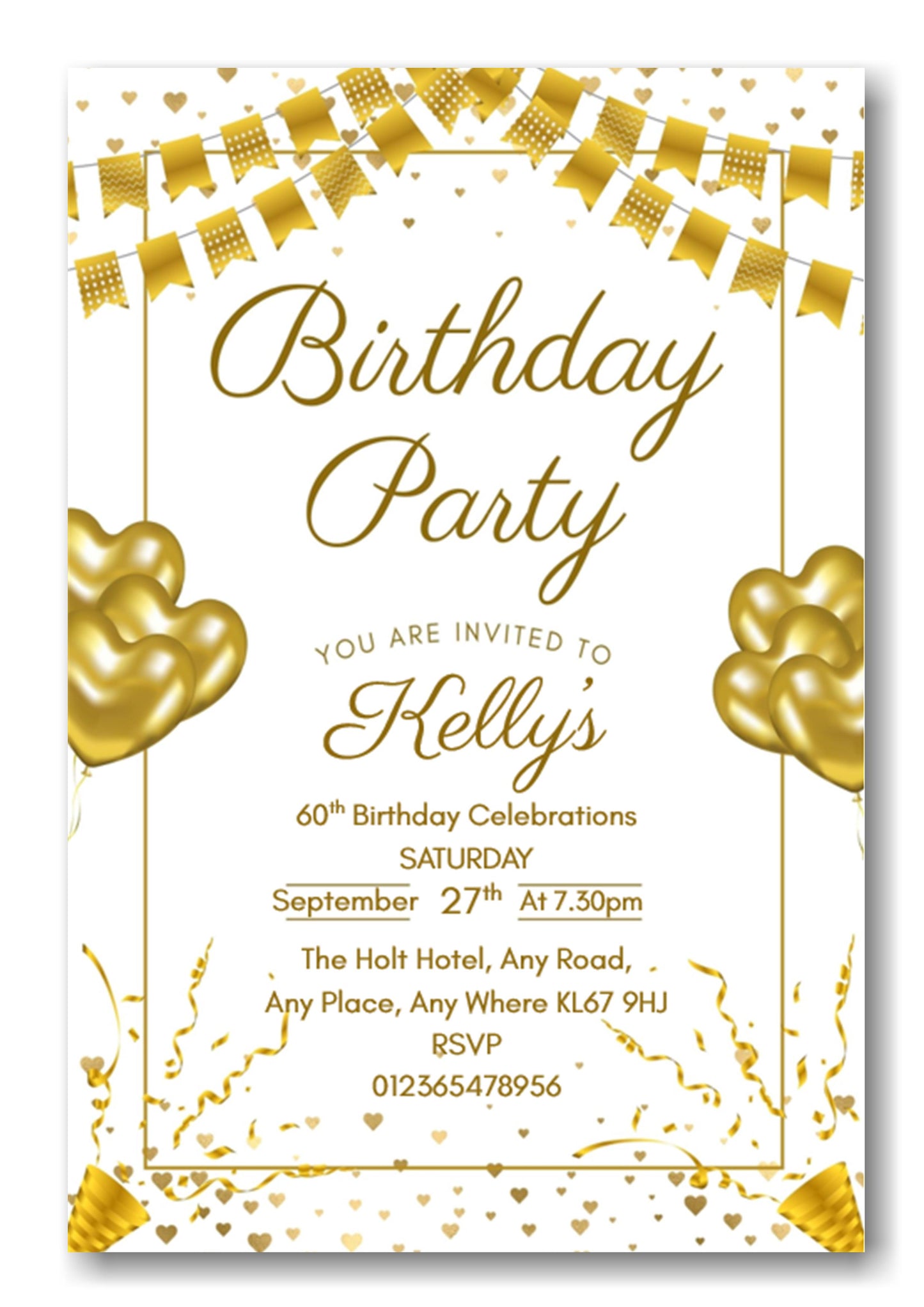 Gold & white party themed birthday party / celebration invitation REF B77 can be made for any age