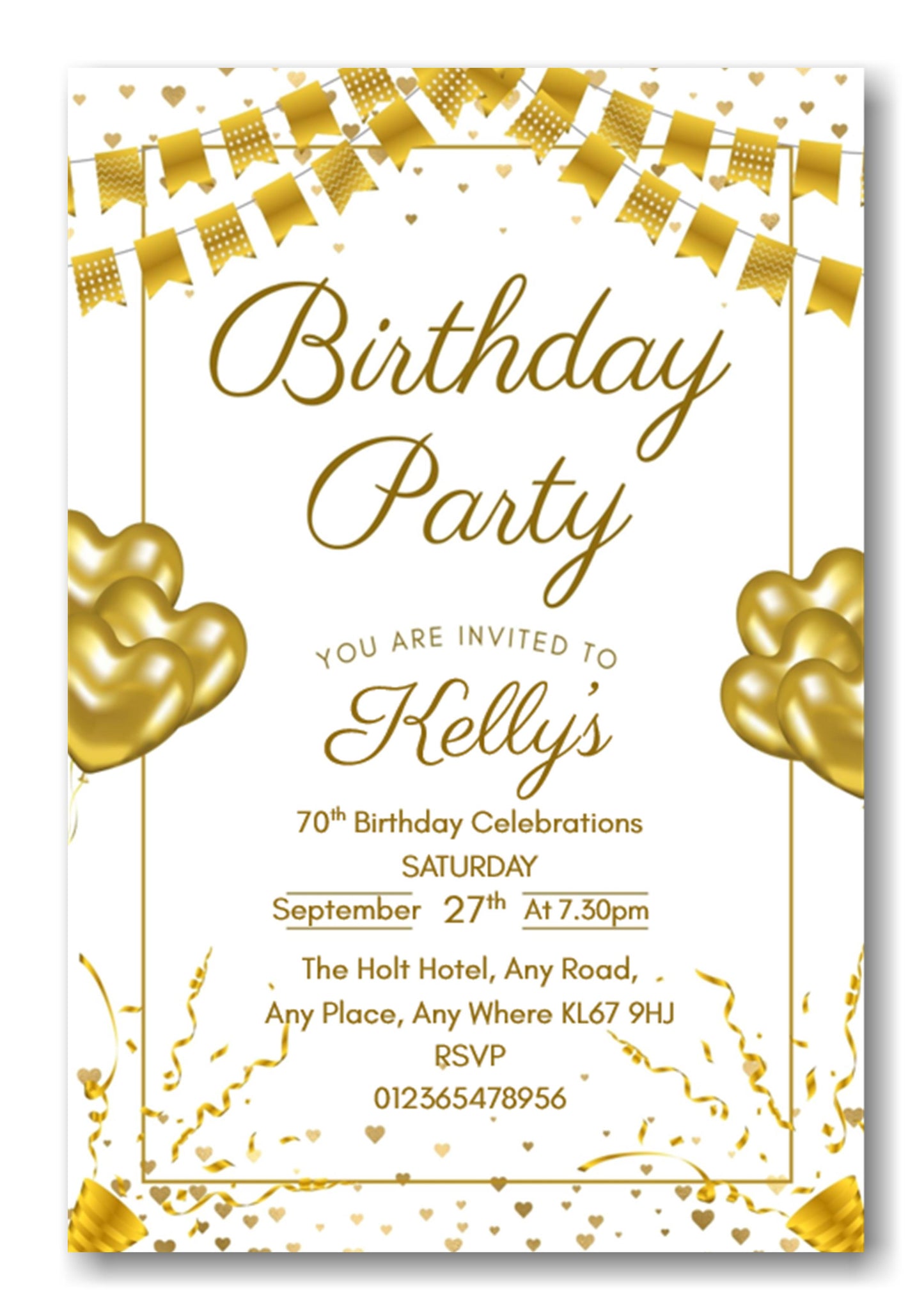 Gold & white party themed birthday party / celebration invitation REF B77 can be made for any age
