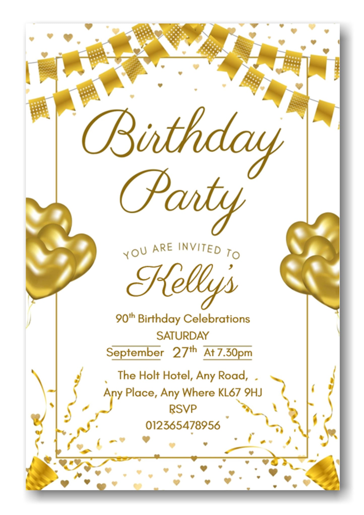 Gold & white party themed birthday party / celebration invitation REF B77 can be made for any age