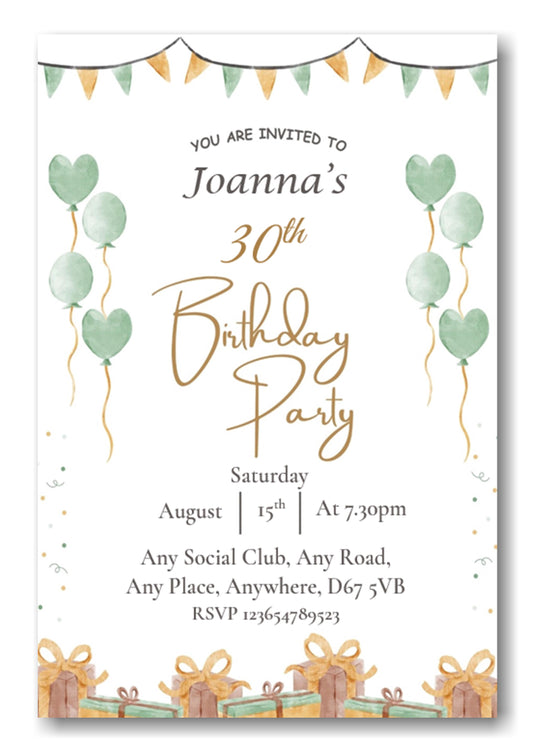 Mid green & white party themed birthday party / celebration invitation REF B78 can be made for any age