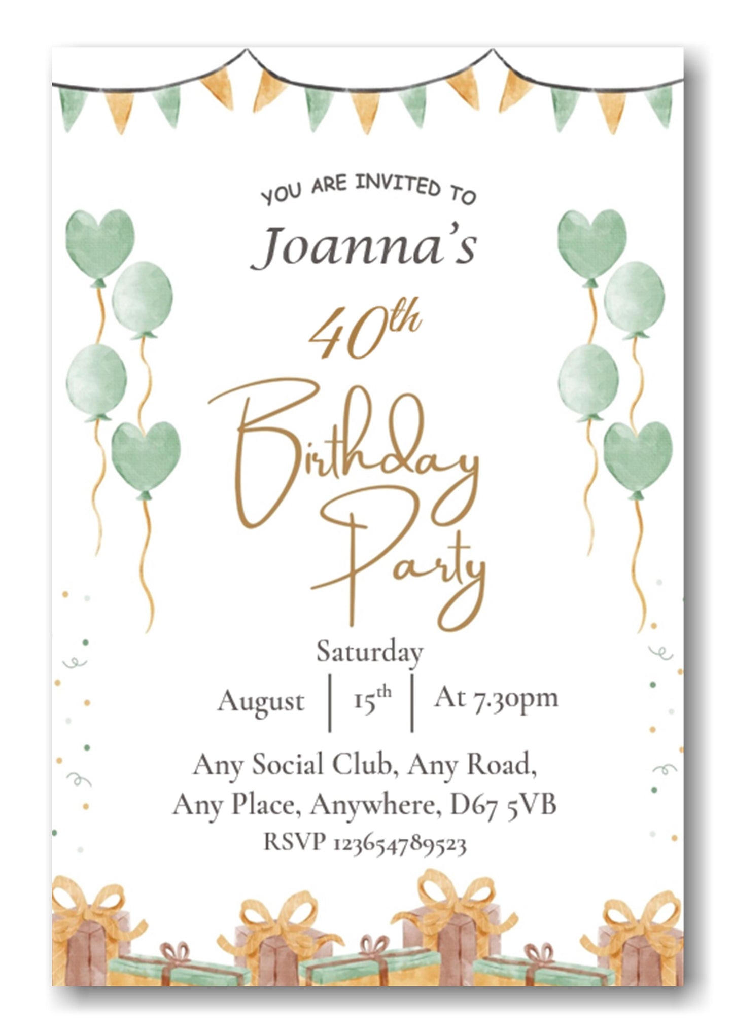 Mid green & white party themed birthday party / celebration invitation REF B78 can be made for any age