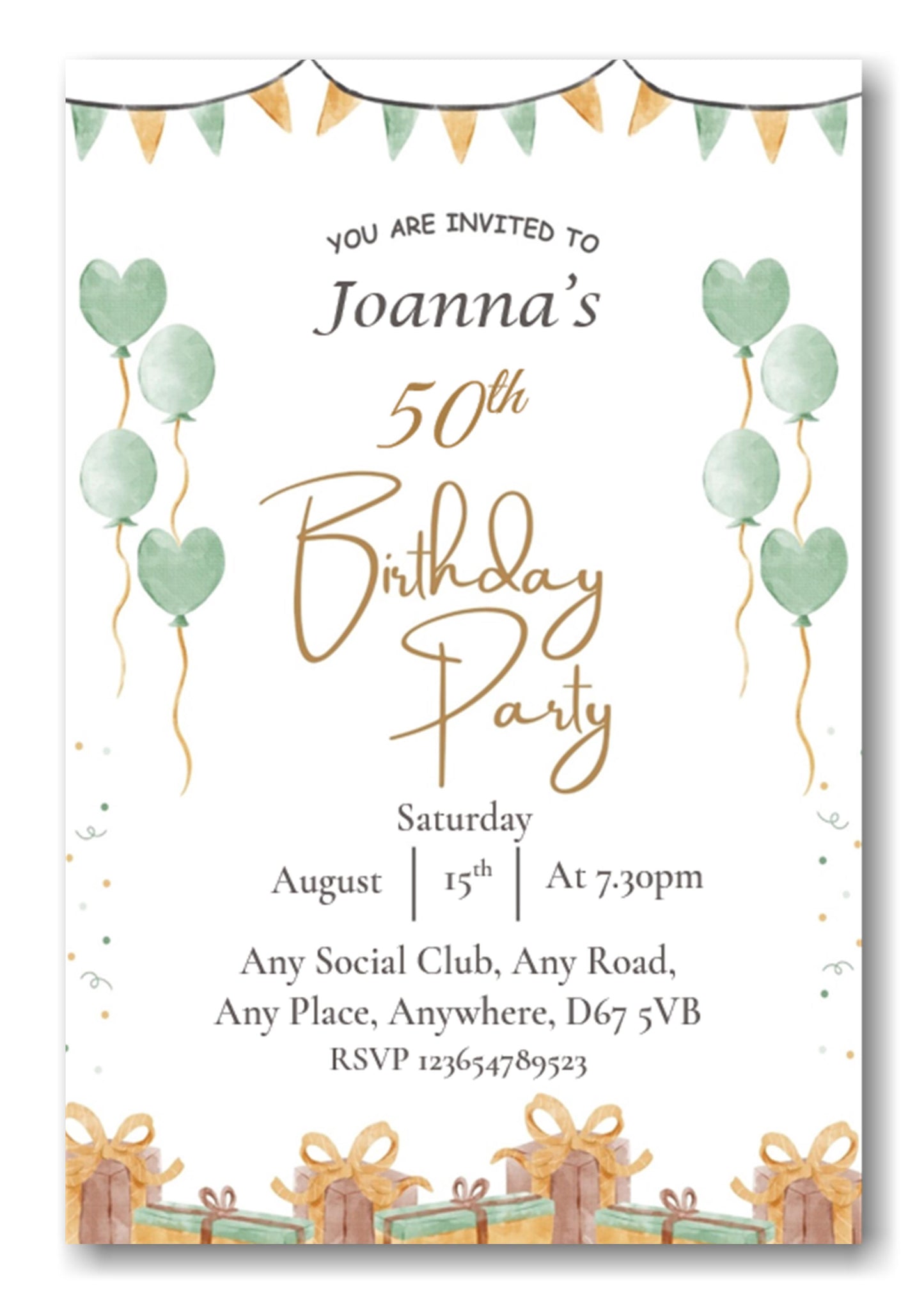 Mid green & white party themed birthday party / celebration invitation REF B78 can be made for any age