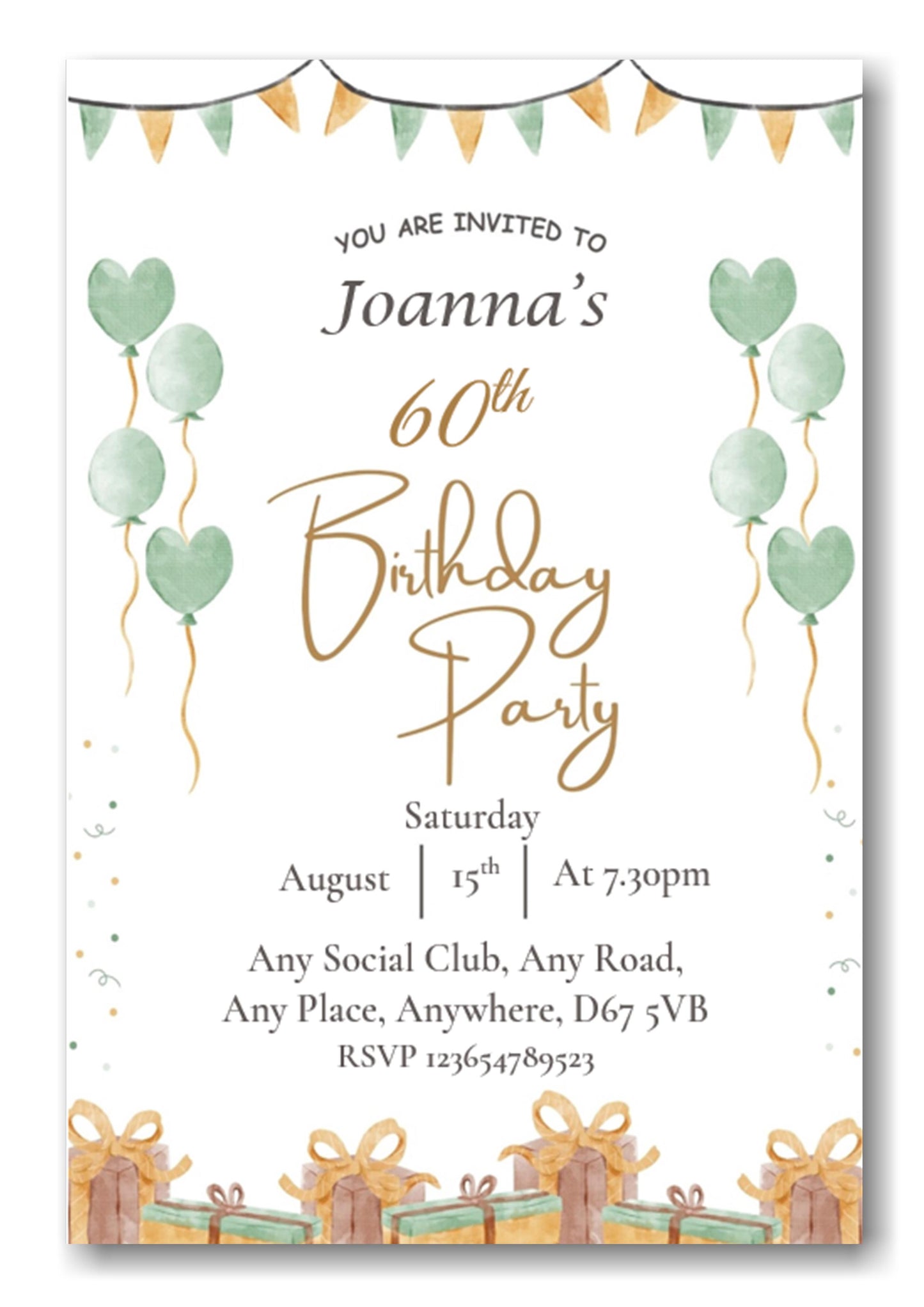Mid green & white party themed birthday party / celebration invitation REF B78 can be made for any age