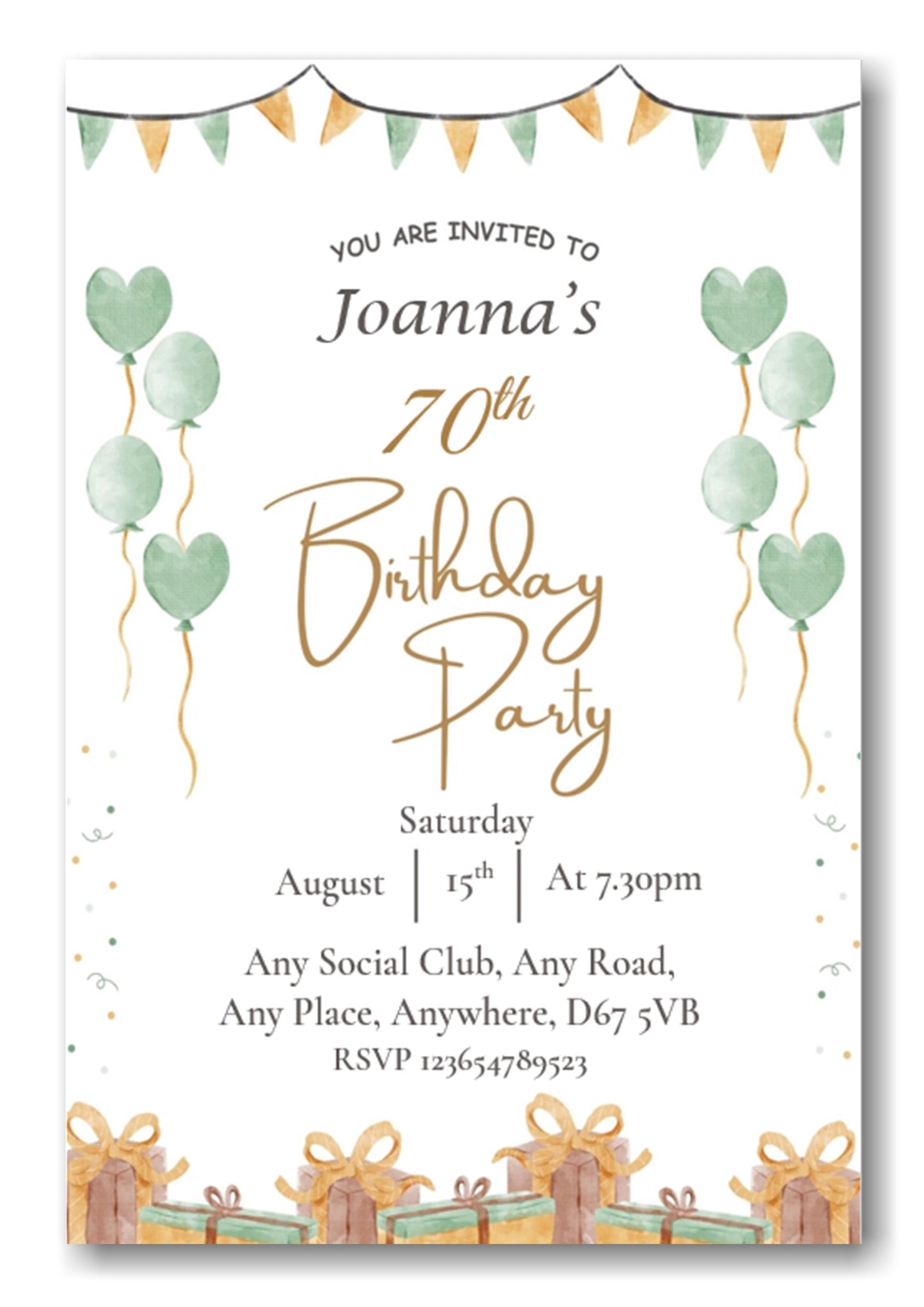 Mid green & white party themed birthday party / celebration invitation REF B78 can be made for any age