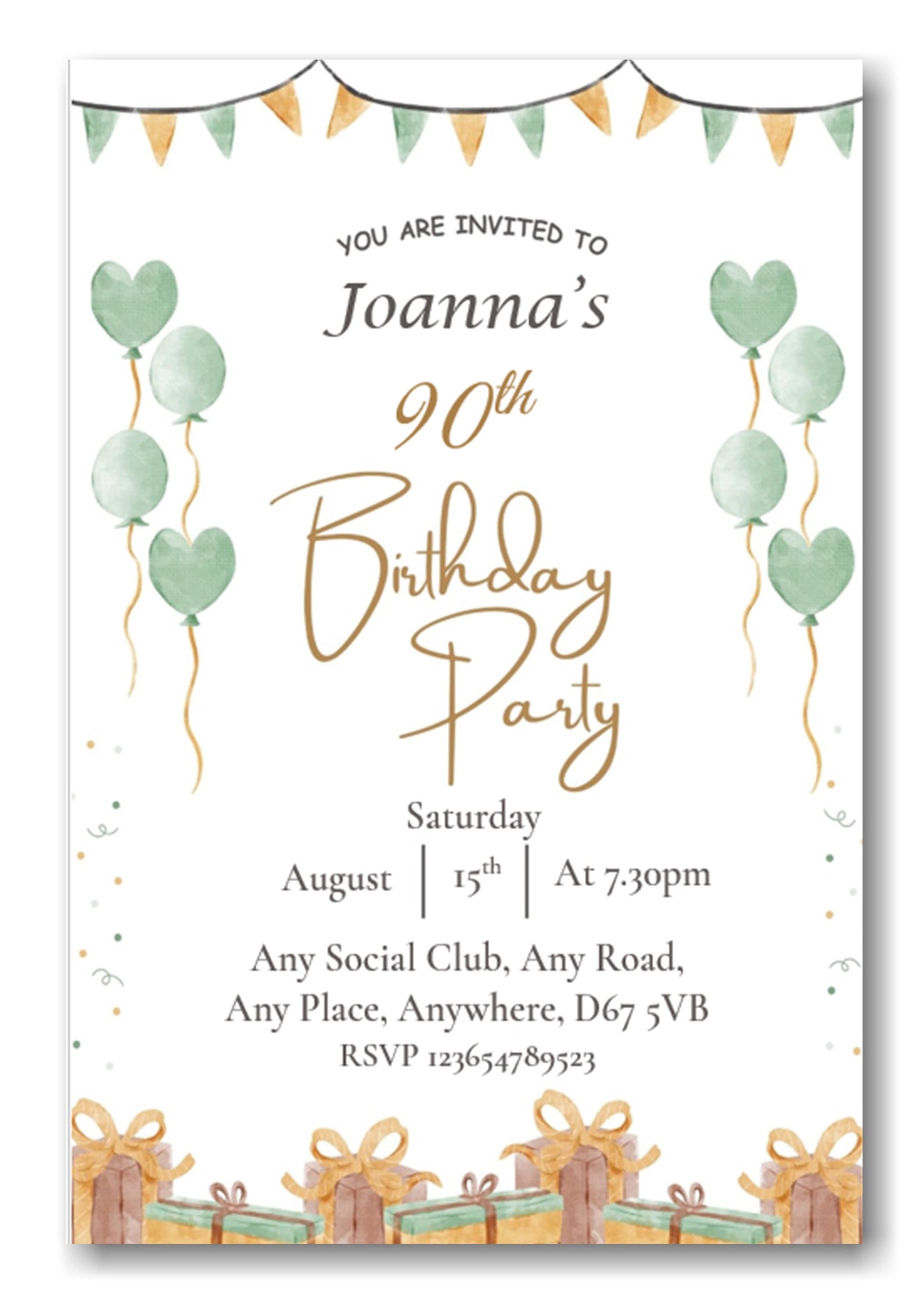 Mid green & white party themed birthday party / celebration invitation REF B78 can be made for any age