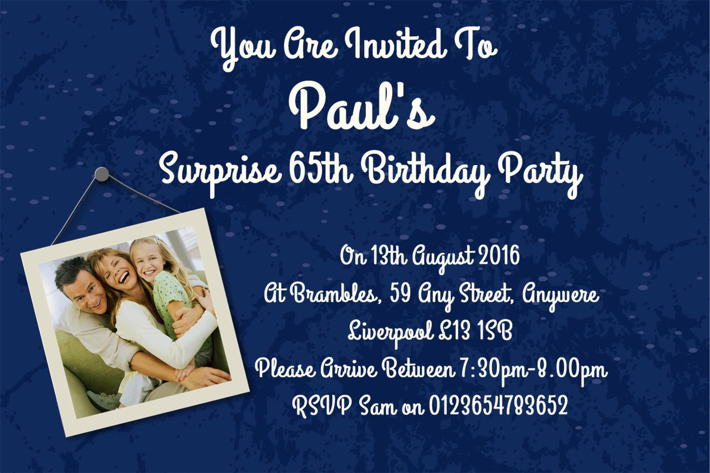 Dark blue beautiful personalised birthday invitation with photo REF BD10 can be made for any age & surprise can be added