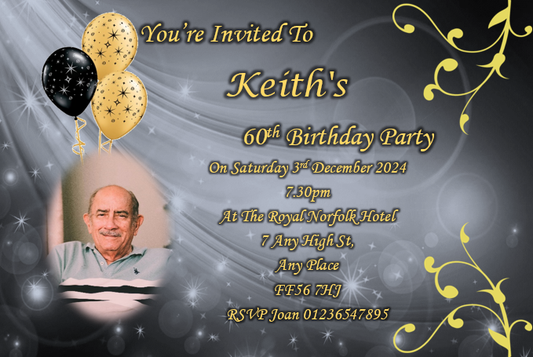 Black & grey design personalised birthday party / celebration with photo invitation REF BD101 can be made for any age surprise can be added