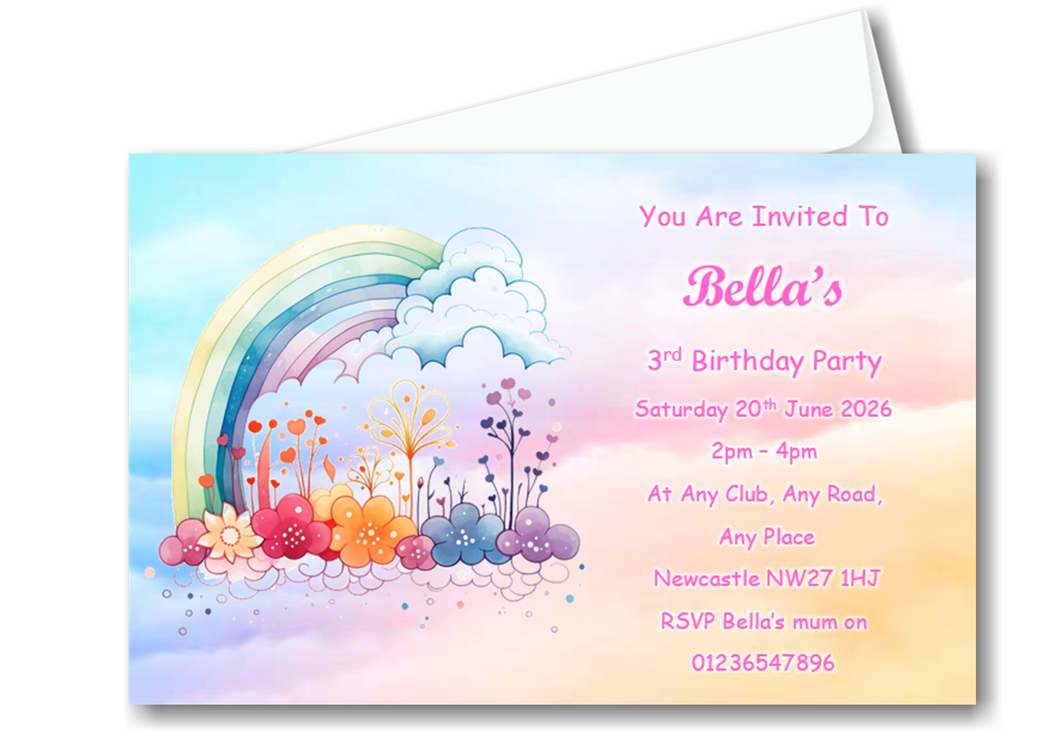 Personalised Super Cute Multi Coloured Rainbow Birthday Party Invitations Ref BD103