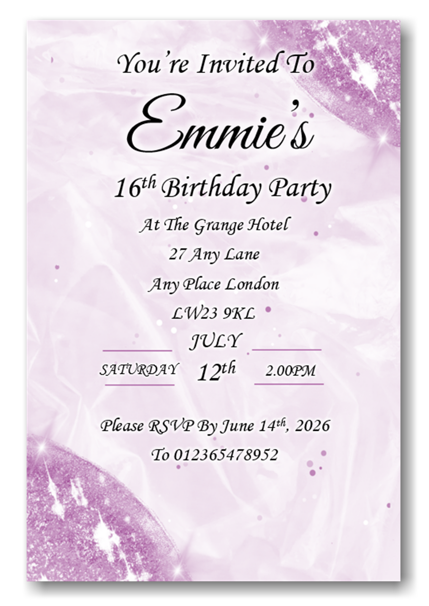 Personalised Lilac / Purple Birthday Party Invitations Ref BD104