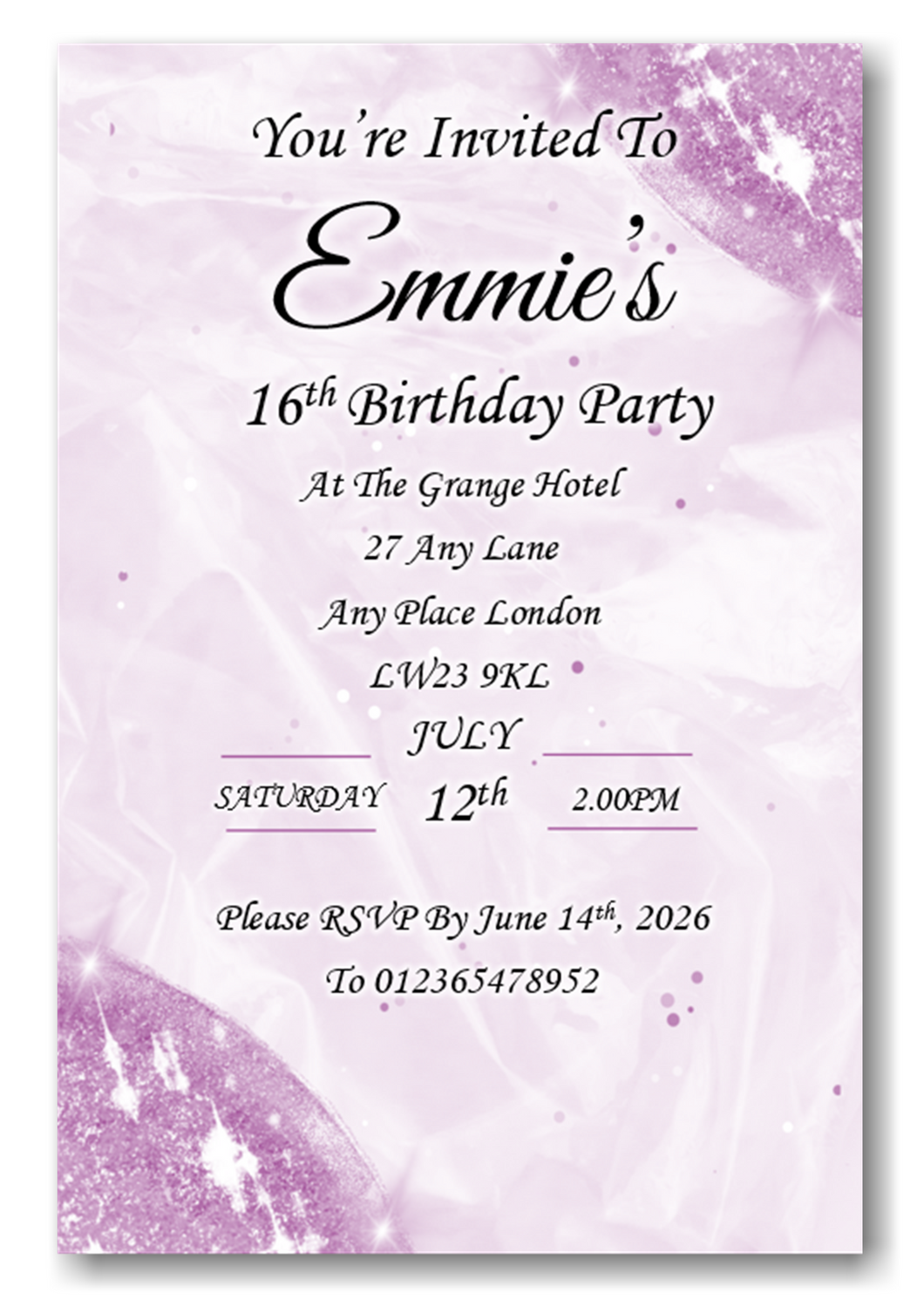 Lilac / Purple Birthday Party Invitations Surprise Can Be Added Ref BD104