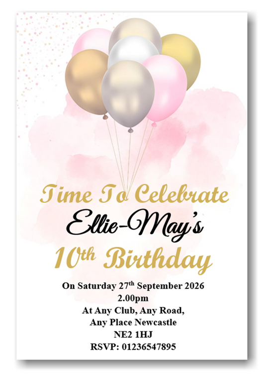 Personalised Classic Balloon Birthday Party Invitations Ref BD105
