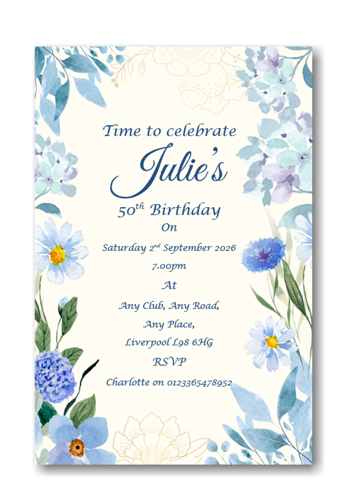 Personalised Beautiful Blue Floral Birthday Party Invitations Ref BD116