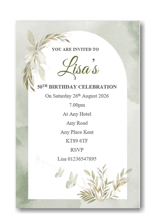 Personalised Beautiful Olive Green Birthday Party Invitations Ref BD117