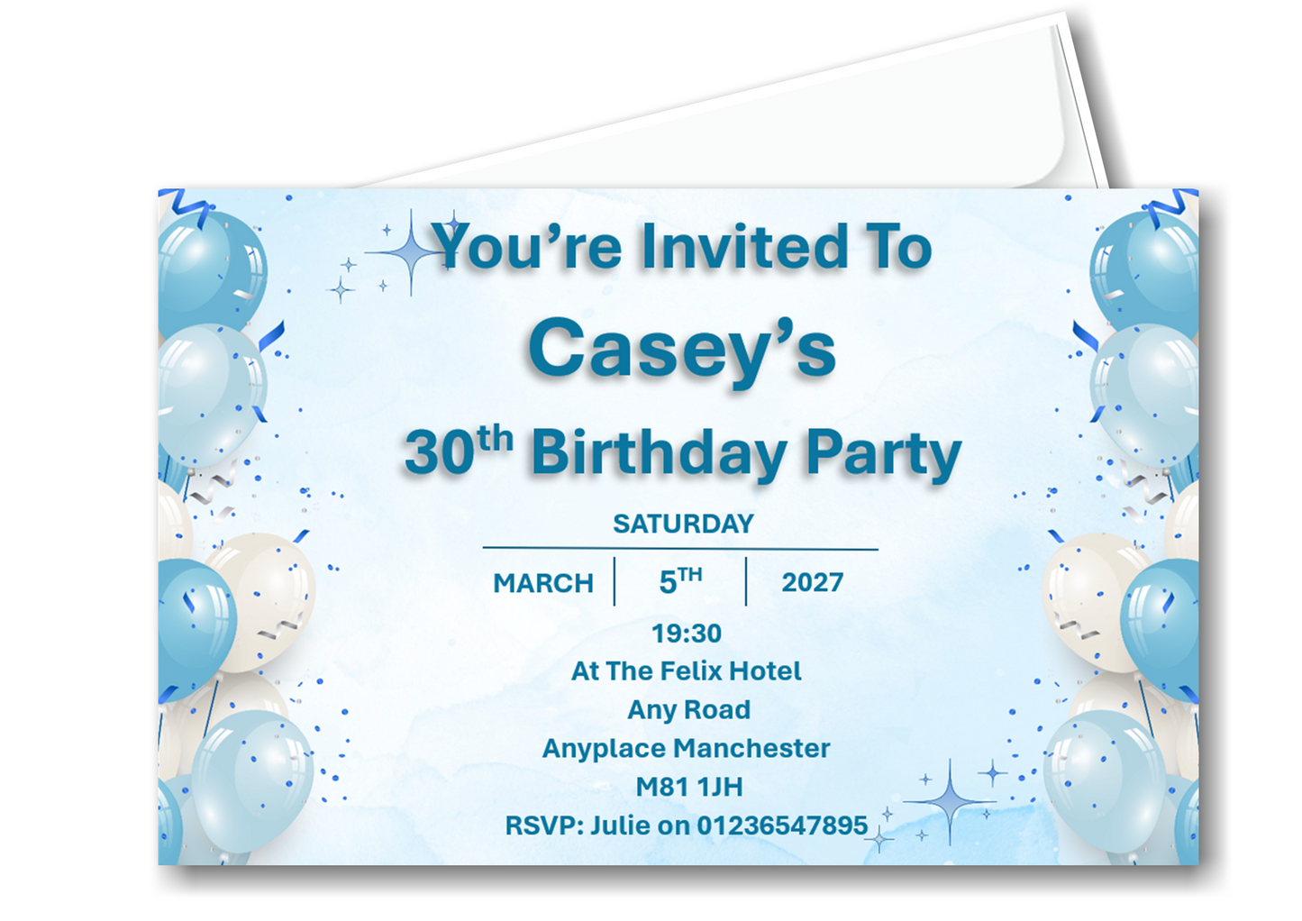 Personalised Blue Birthday Party Invitations Ref BD119