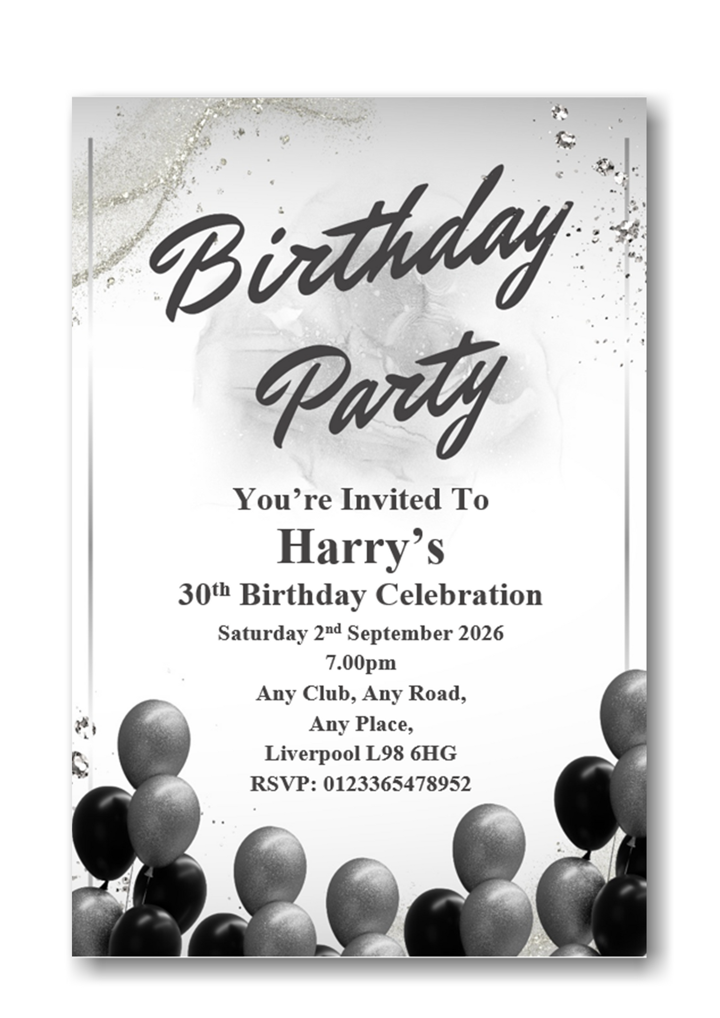 Personalised Black & Grey Balloon Design Birthday Party Invitations Ref BD120