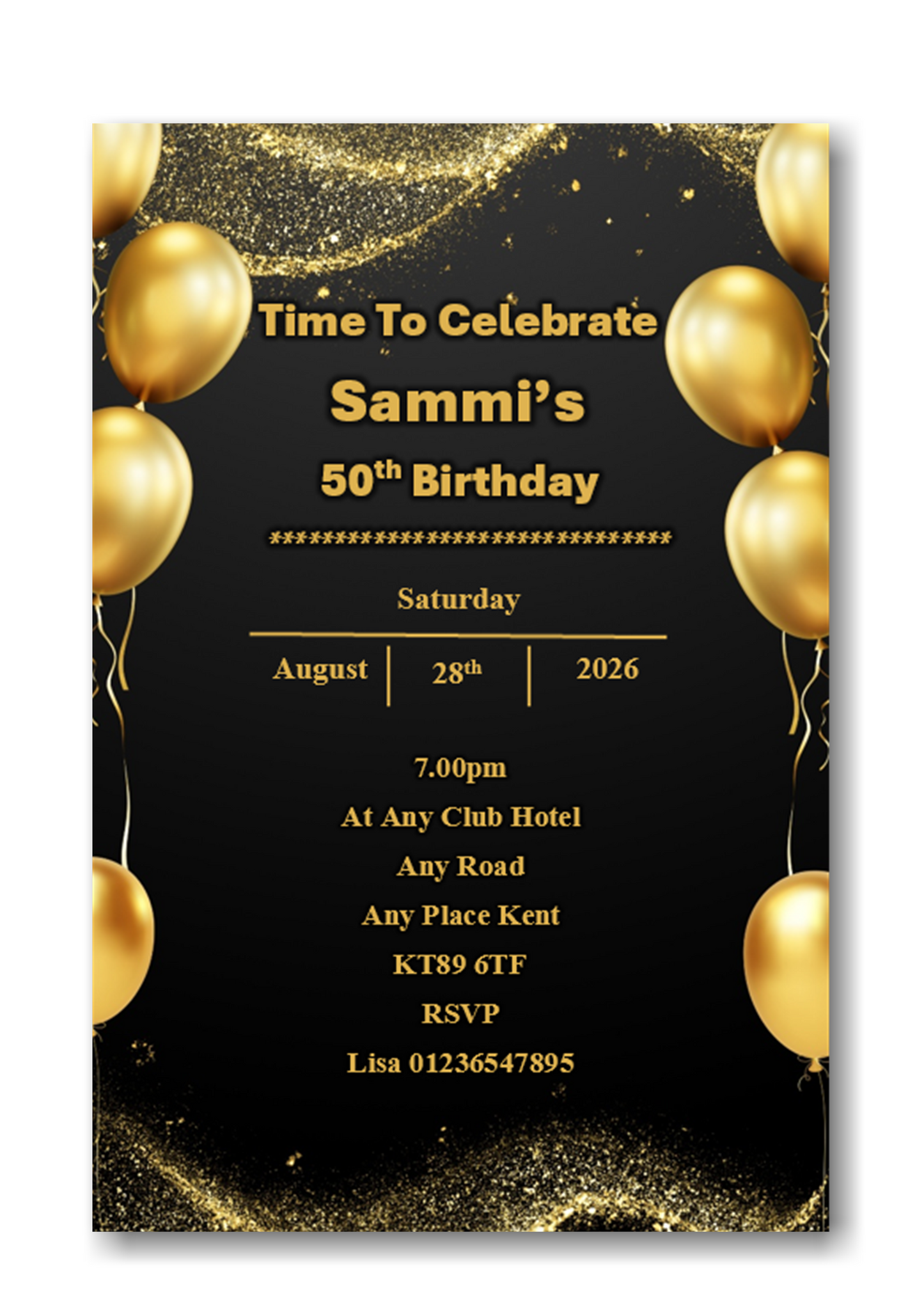 Personalised Black & Gold Balloon Design Birthday Party Invitations Ref BD121