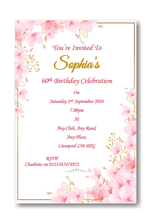 Personalised Beautiful Pink Floral Birthday Party Invitations Ref BD122