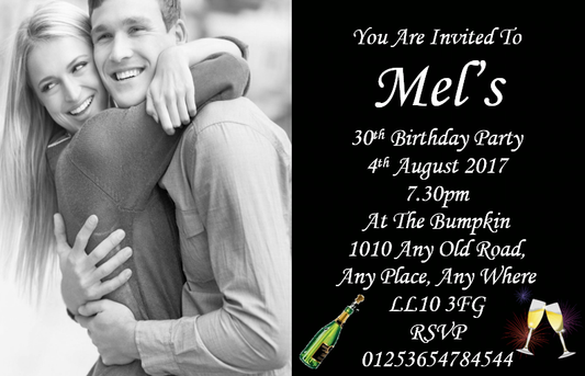 Beautiful black personalised birthday invitation with large photo with white coloured font REF BD17 can be made for any age & surprise can be added
