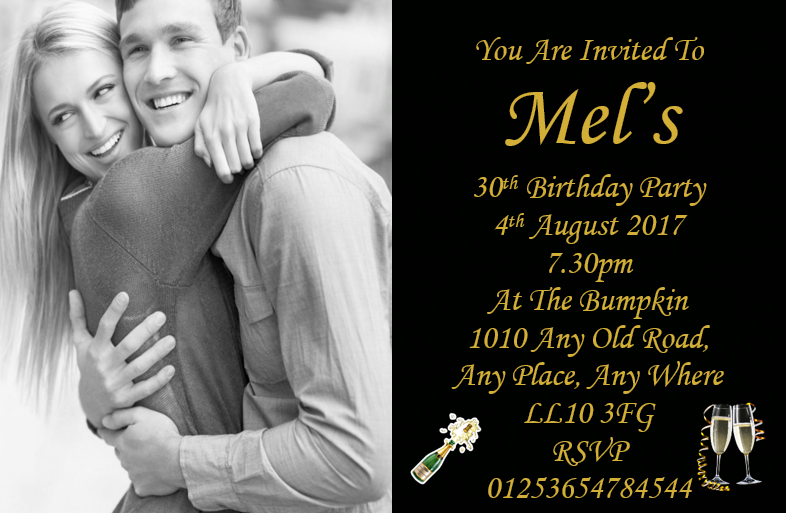 Beautiful black personalised birthday invitation with large photo REF BD17G can be made for any age & surprise can be added