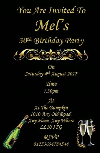 Black personalised birthday invitation font REF BD18GNP can be made for any age & surprise can be added