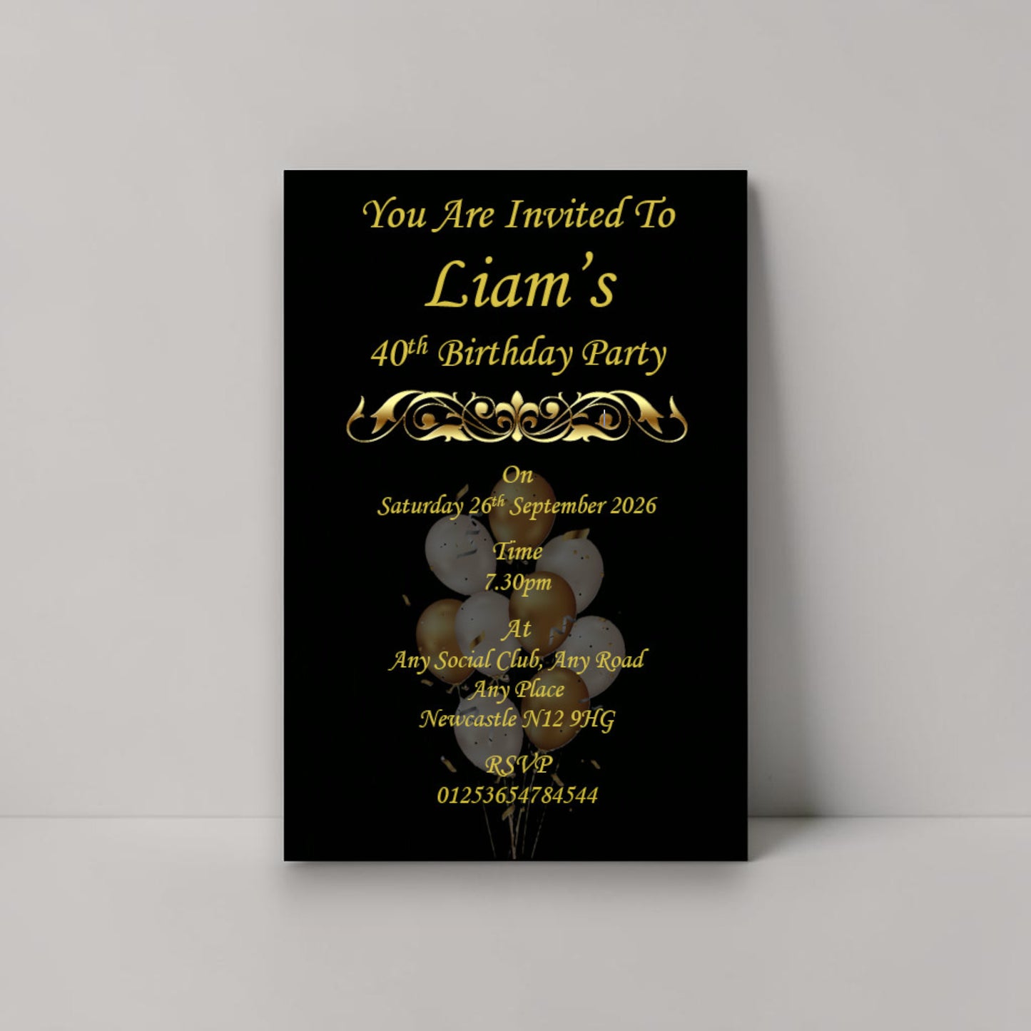 Personalised Black & Gold Birthday Party Invitations Ref BD18