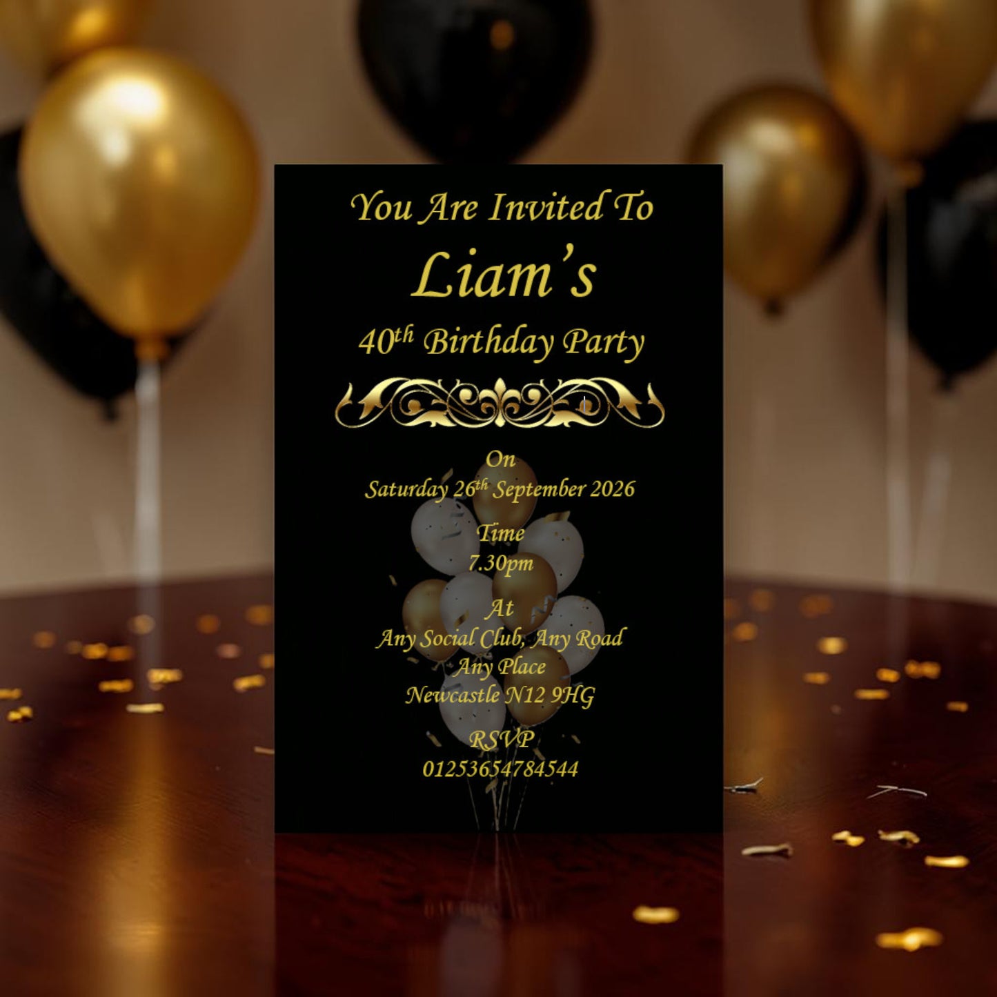 Personalised Black & Gold Birthday Party Invitations Ref BD18