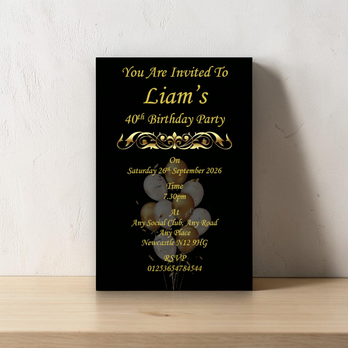 Personalised Black & Gold Birthday Party Invitations Ref BD18