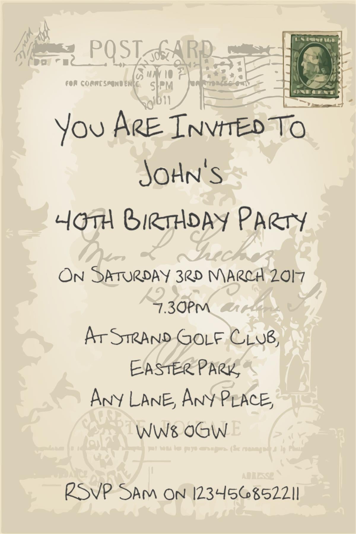 Post card style personalised birthday invitation REF BDS can be made for any age & suprise can be added