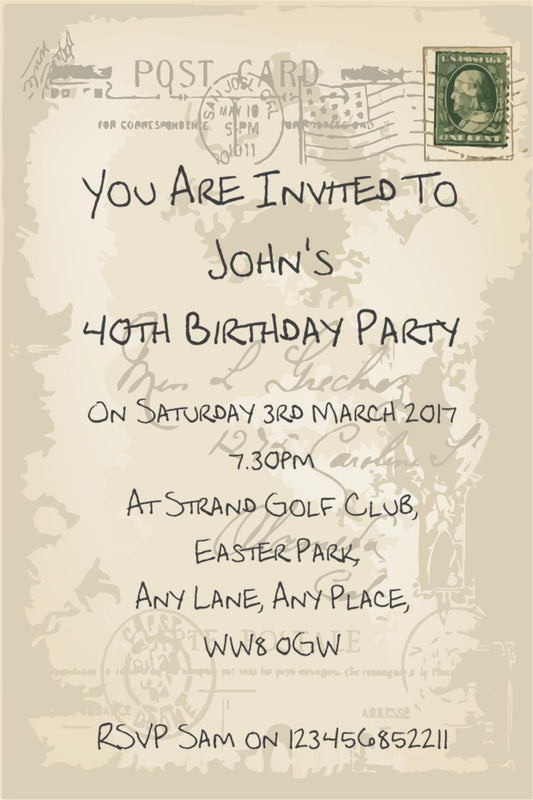 Post card style personalised birthday invitation REF BDS can be made for any age & suprise can be added