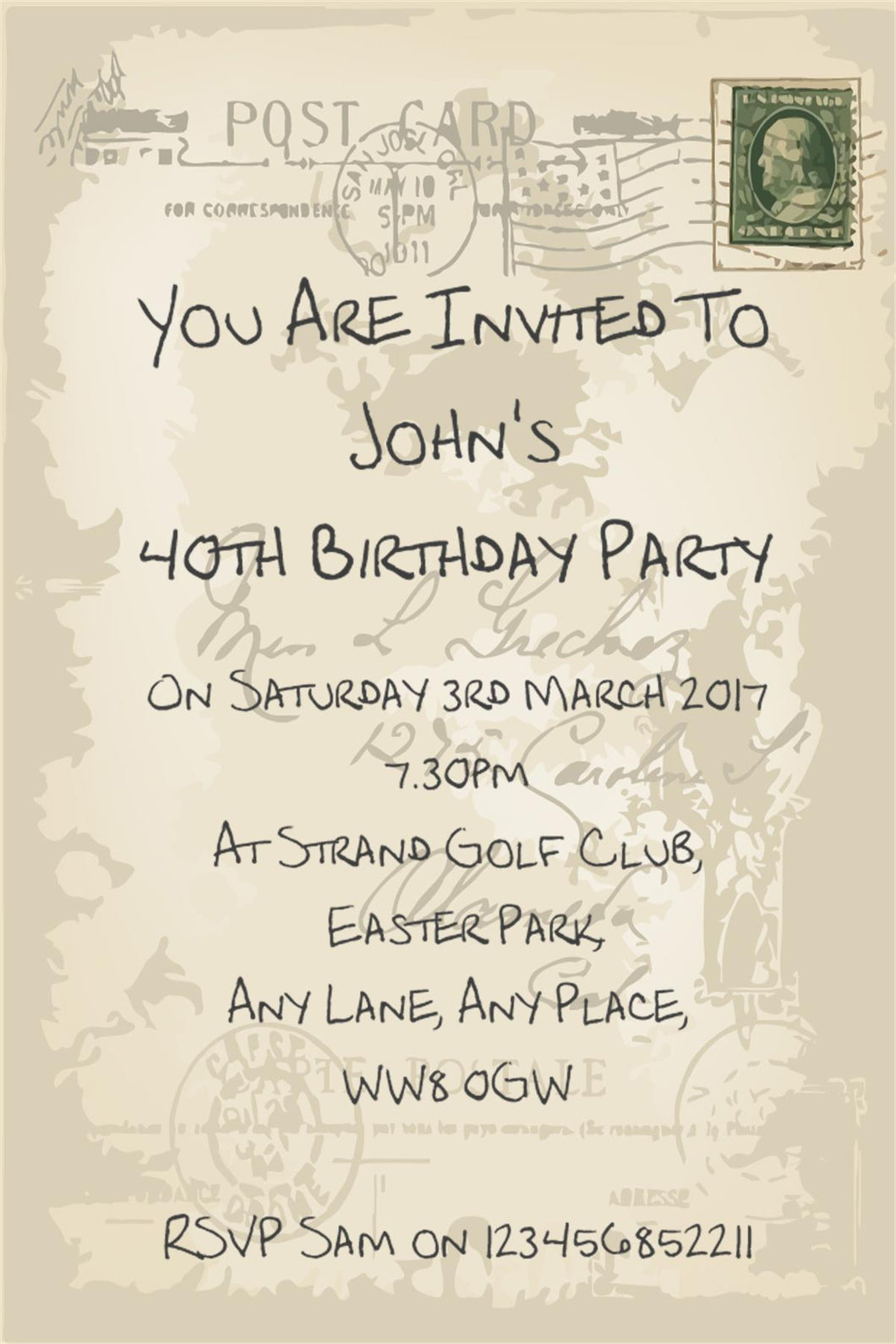 Post card style personalised birthday invitation REF BDS can be made for any age & suprise can be added