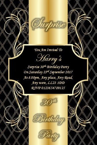 Personalised black & gold birthday party invitation REF BG9 can be made for any age & surprise can be added