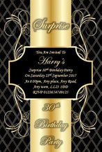 Load image into Gallery viewer, Personalised black &amp; gold birthday party invitation REF BG9 can be made for any age &amp; surprise can be added
