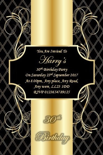 Personalised black & gold birthday party invitation REF BG9 can be made for any age & surprise can be added