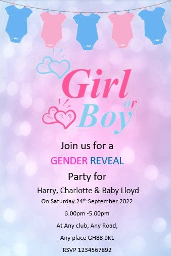 Pink & Blue Gender Reveal Personalised Invitations, timeless design Ref BR2