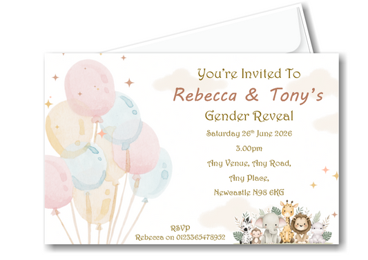 Super Cute Jungle Animals Pastel Gender Reveal Invitations Ref BR5