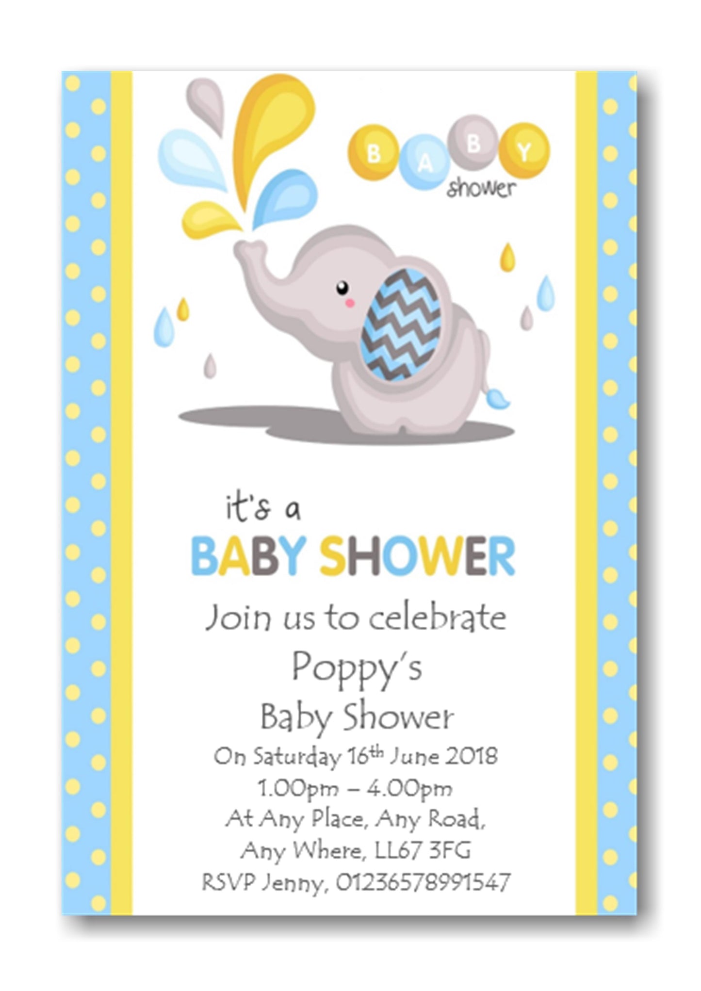 Super Cute Blue, White & Lemon Baby Shower Invitations elephant design Ref BS19