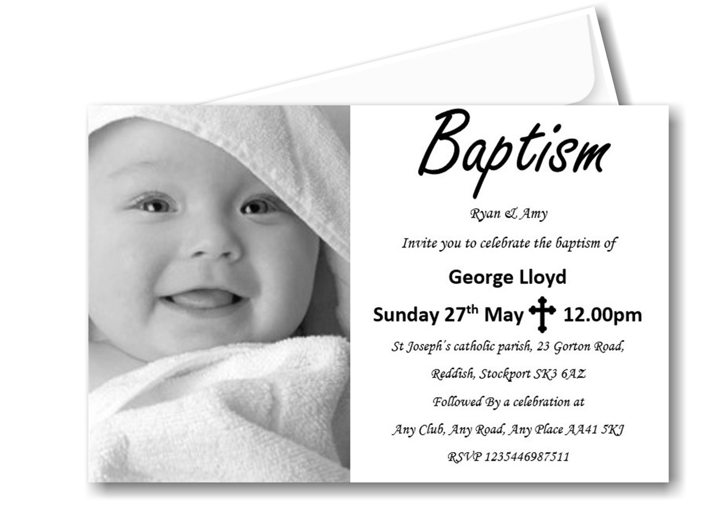 Beautiful Baptism Invitation, a simple elegant design with a large photo of your child. Ref C58
