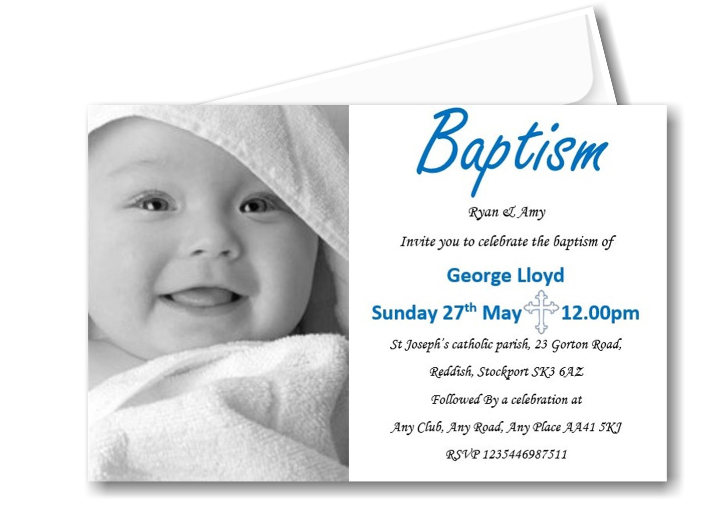 Beautiful Baptism Invitation, a simple elegant design with a large photo of your child. Ref C59