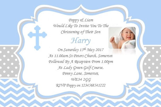 Beautiful blue and white Christening & Baptism Invitation, stylish design with a photo of your child Ref C70