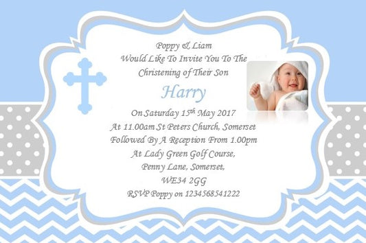 Beautiful blue and white Christening & Baptism Invitation, stylish design with a photo of your child Ref C70