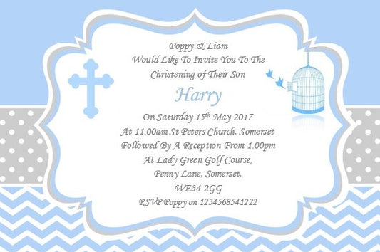 Beautiful blue and white Christening & Baptism Invitation, stylish design Ref C71