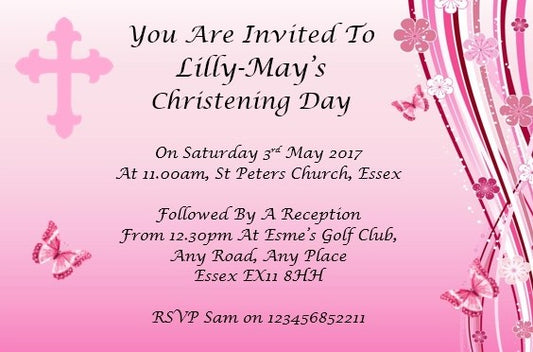 Stylish Christening & Baptism Invitation, pink with butterfly design Ref C72