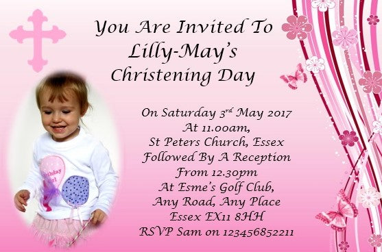 Stylish Christening & Baptism Invitation, pink with butterfly design with photo Ref C73