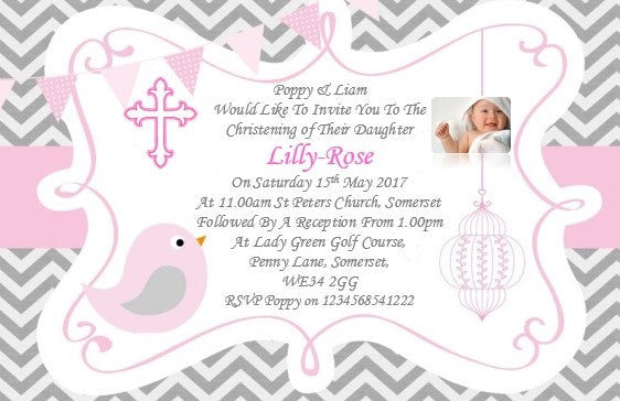 Pink, white and grey themed Christening & Baptism Invitation, beautiful in design and quality with photo of your child on Ref C74